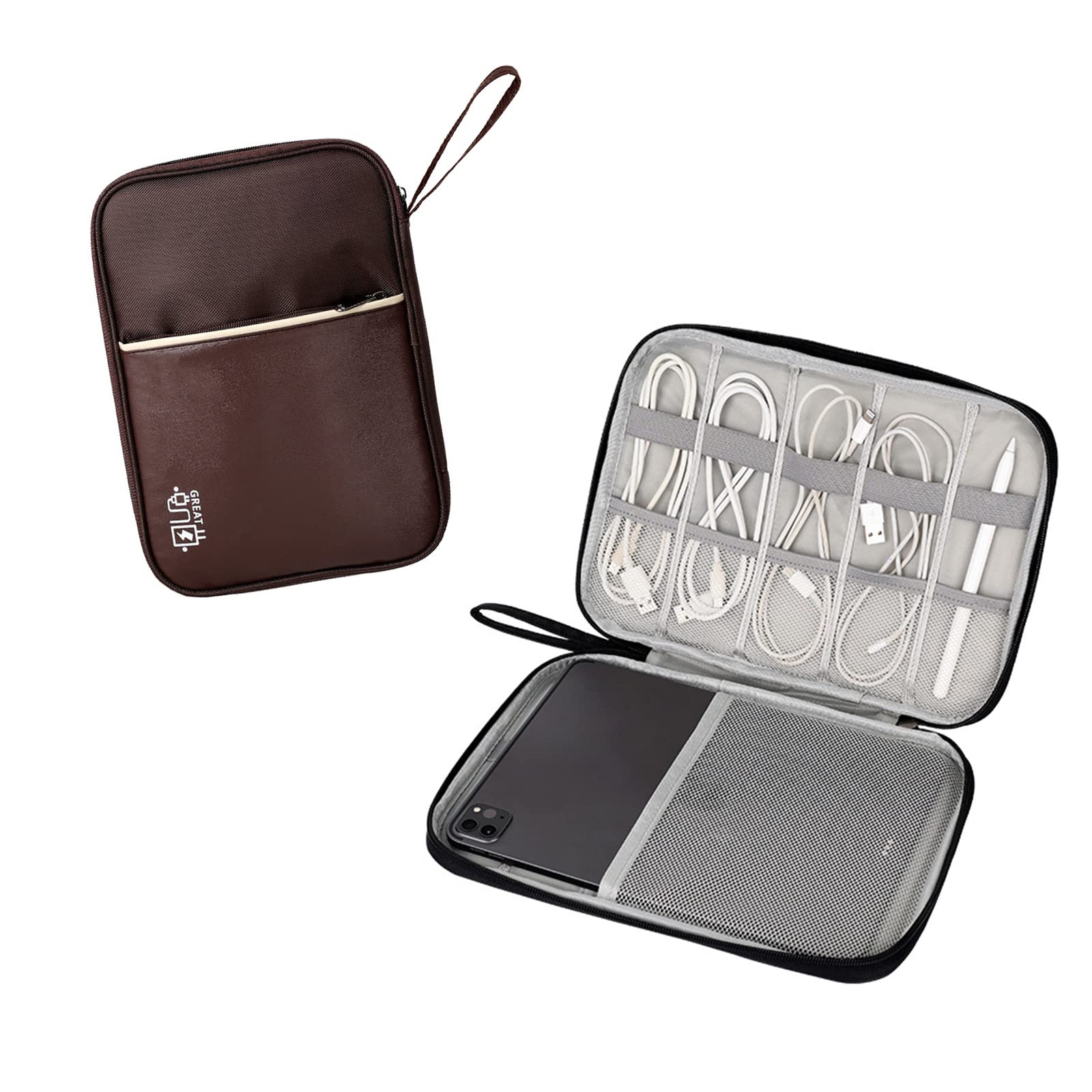 Hosoncovy PU Leather Electronic Accessories Travel Storage Bag Cable Organizer Bag USB Flash Drive Case Tablet Case for Ipad Tablet Phone Cables Earphone USB Thumb Stick Drive (Brown)