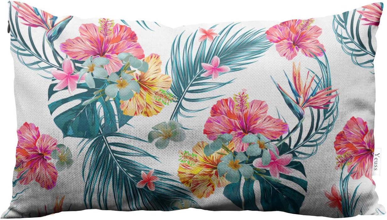Yeuss Pillow Cover Hawaiian Style Spring and Summer Tropical, Palm Leaves, Jungle Leaves, Hibiscus Hidden Zipper Home Decorative Rectangle Throw Pillow Cover Cushion Case Boudoir 12