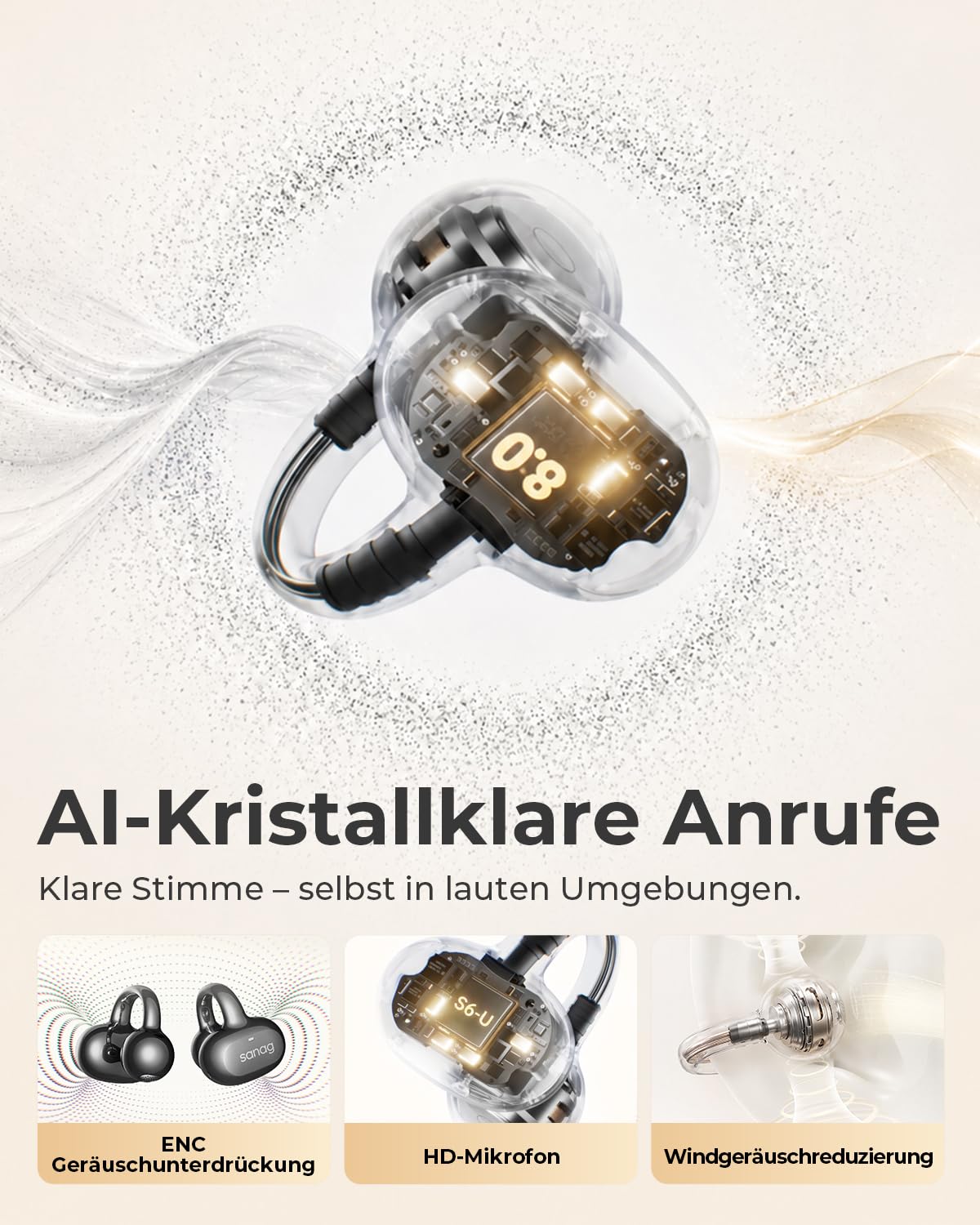 SANAG Open Ear Kopfhörer, Clip on Kopfhörer, Bluetooth 6.0, 42H Spielzeit, IP67 Wasserdicht, ENC Geräuschunterdrückung für Anrufe, Sicherer Halt für Laufen, Radfahren & Wandern 6