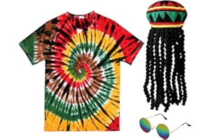 BOYIEE Rasta Costumes Hat with Dreadlock Wig Tie Dye T Shirt for Men Women Sunglasses Reggae Accessories 3 Pcs