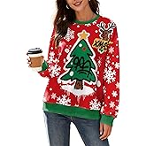 Kasopp Ugly Christmas Sweatshirts for Women Long Sleeve Funny Xmas Print Graphic Pullover Tops Oversized Crewneck Shirt