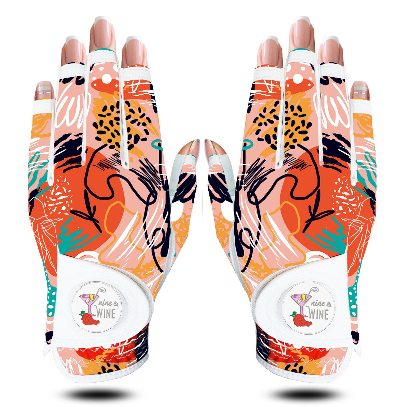 AMRTA Golf Gloves Women Half Finger Left Hand Leather with Ball Marker 1 Pack, Colored Glove for Ladies Right Handed Golfer All Weather Grip (Orange Graffiti, S)