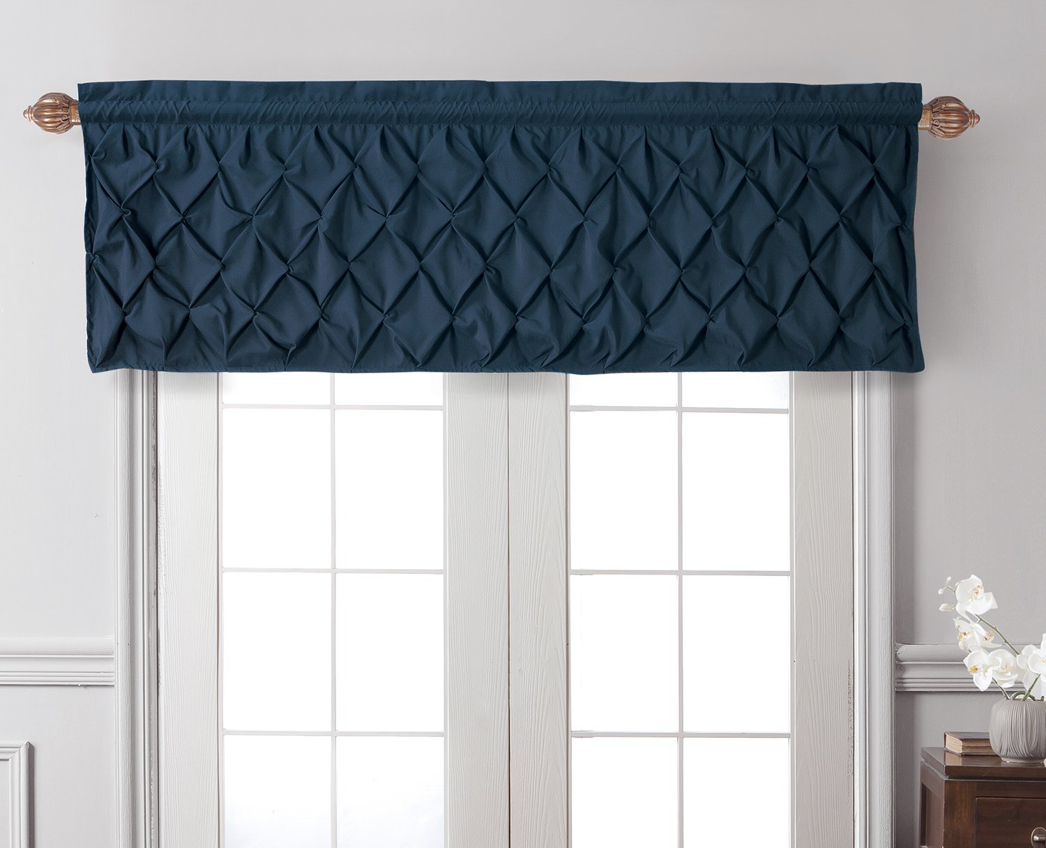 VCNY Home | Carmen Collection | Window Valance with Rod Pocket - Stylish Lattice-Smocked Diamond Design for Kitchen, Bedroom, or Living Room, Navy