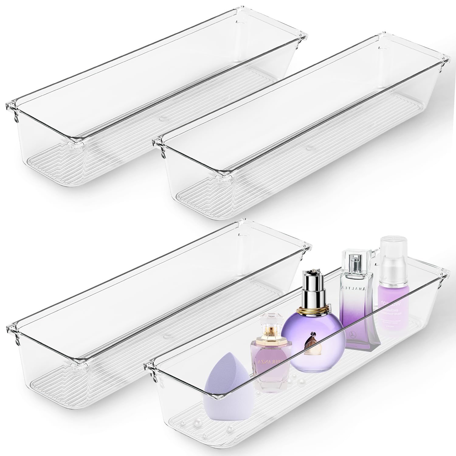 Esteopt Drawer Organisers, 4 Pcs Plastic Storage Drawers, Versatile Storage for Kitchen, Bedroom, Bathroom, Office, Utensils, Makeup, Jewelries (7.6 x 5.2 x 30.6cm)