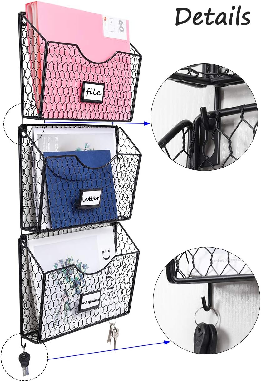 PAG 3 Pockets Hanging File Holder Wall Mount Mail Organizer Metal Chicken Wire Magazine Rack with Tag Slot (Black-DG) : Office Products