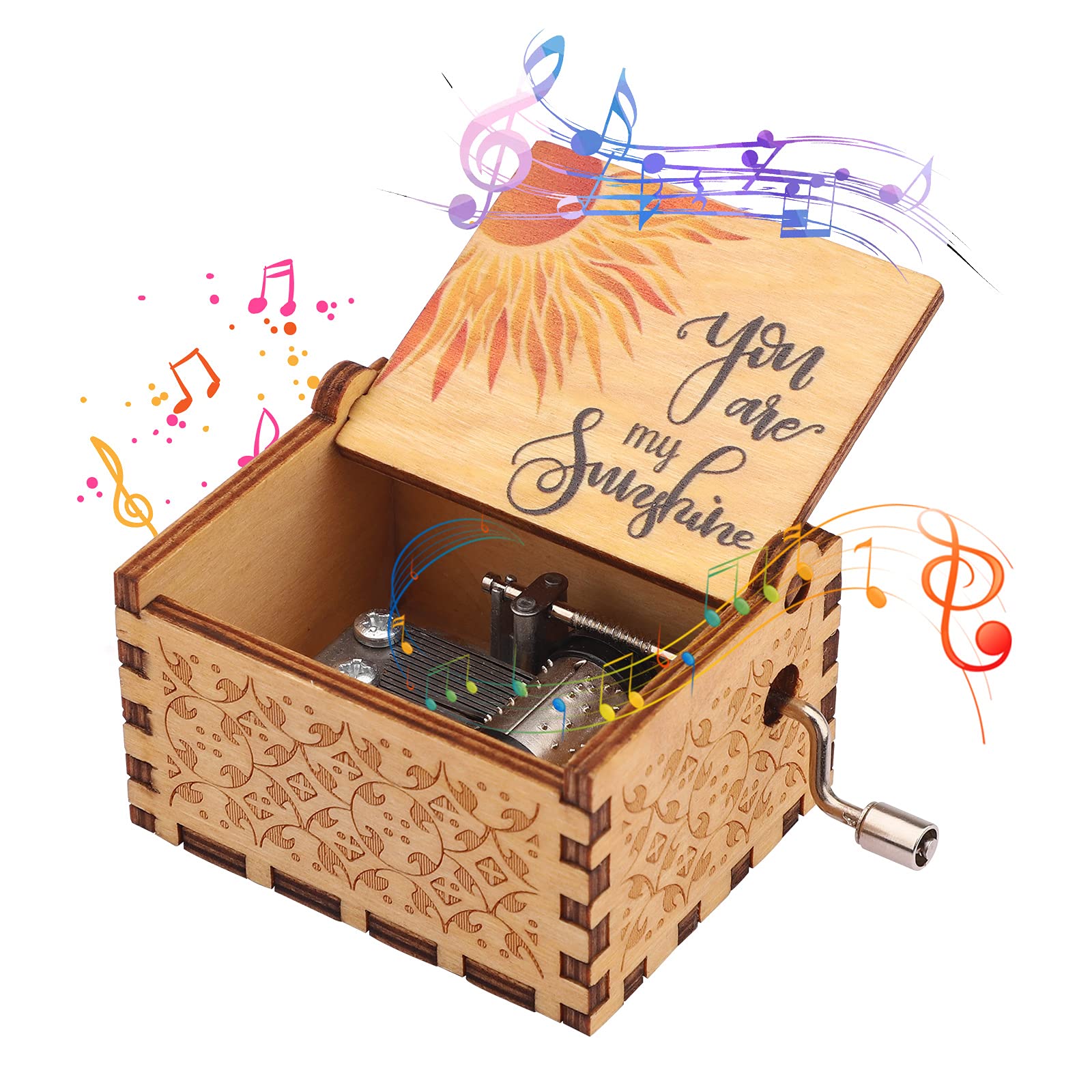 You Are My Sunshine 18 Note Hand Crank Engraved Wood Music Box - Laser Engraved Vintage Wooden Sunshine Musical Box Gifts