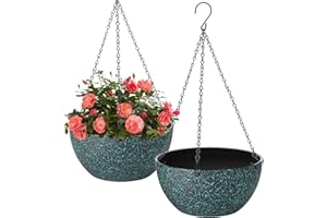 HIGSEEU 13 inch Hanging Planters for Indoor Plants, 2 Pack Planters for Outdoor Plants with Drainage Holes and Chain, Round Plastic Hanging Baskets, Hanging Flower Pots for Balcony Garden-Black Speckle