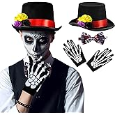 Janmercy 4 Pcs Halloween Mens Day of The Dead Costume Set Including Black Skeleton Gloves, Top Hat and Bow Tie for Men Halloween Dress up Cosplay Dia De Los Muertos Party Accessories