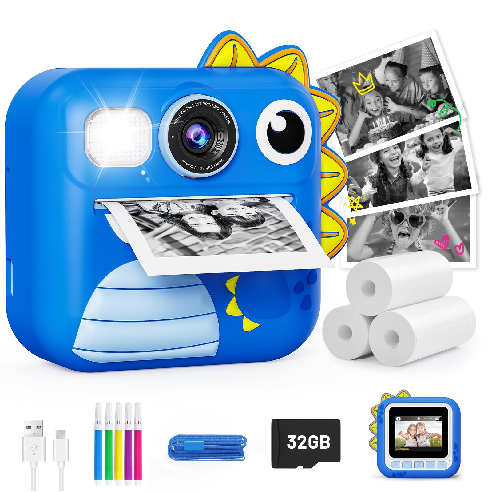 KOKODI Kids Camera Instant Print, 1080P Kids Camera Birthday Gifts Easte Gifts for Boys Age 3-12 with 32GB Card, Video Instant Printable Camera for Kids, Toys for Ages 5-8 Boys (Blue)
