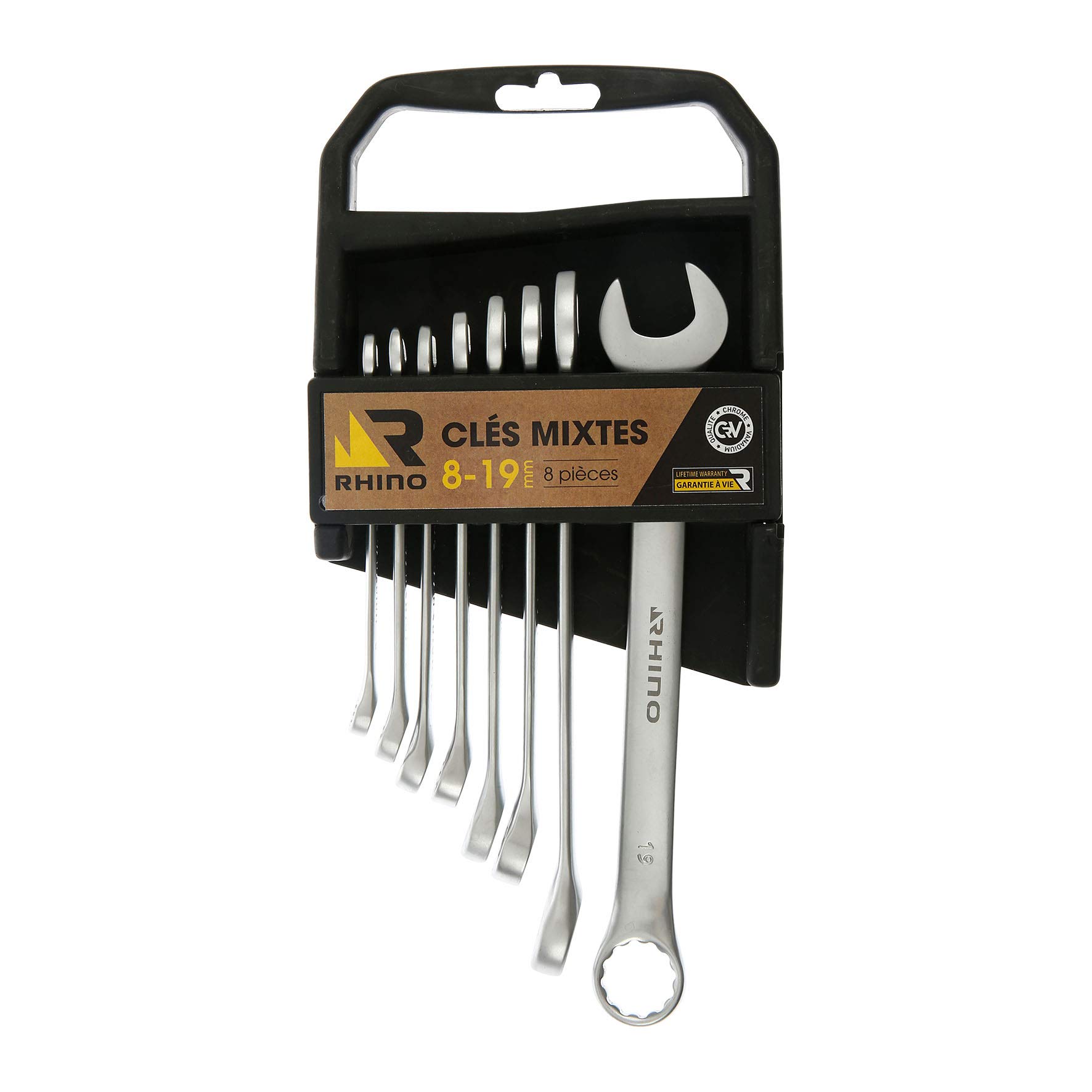 RHINO Combination Spanners, Set of 8 / Set of 8 Combination Spanners, Ring Spanner and Combination Spanners – Made of Steel (Chrome Vanadium) – High Quality – Diameter: 8 to 19 mm – Lifetime Guarantee