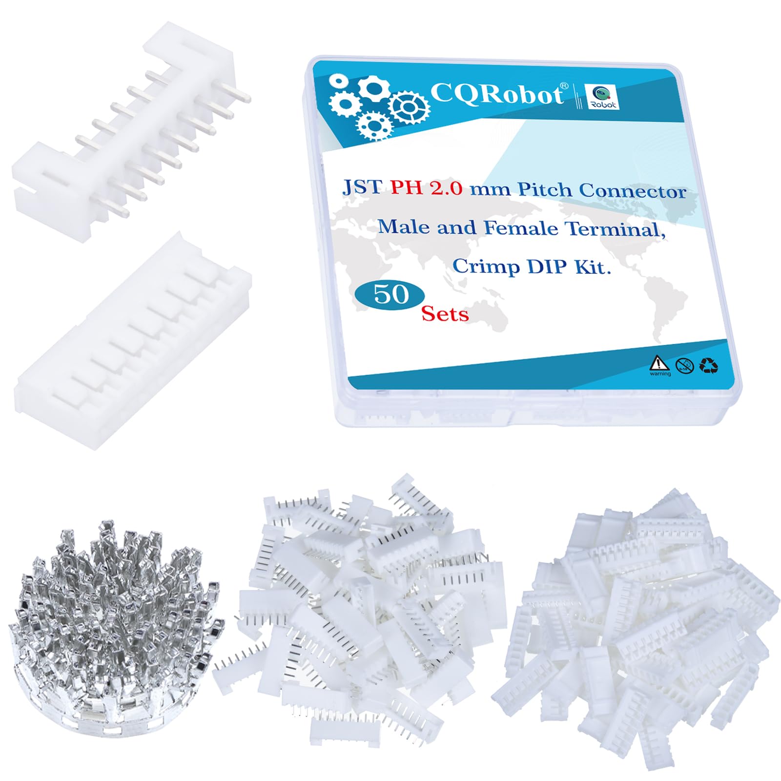 CQRobot JST PH 2.0 mm Pitch 8-Pin Electronic Computer Connector IC Male Plugs, Female Sockets Housing and T-Shaped Crimp Terminal Kit. 50 Sets/500 Pieces Wire-to-Board Adapter Cable Assembly.