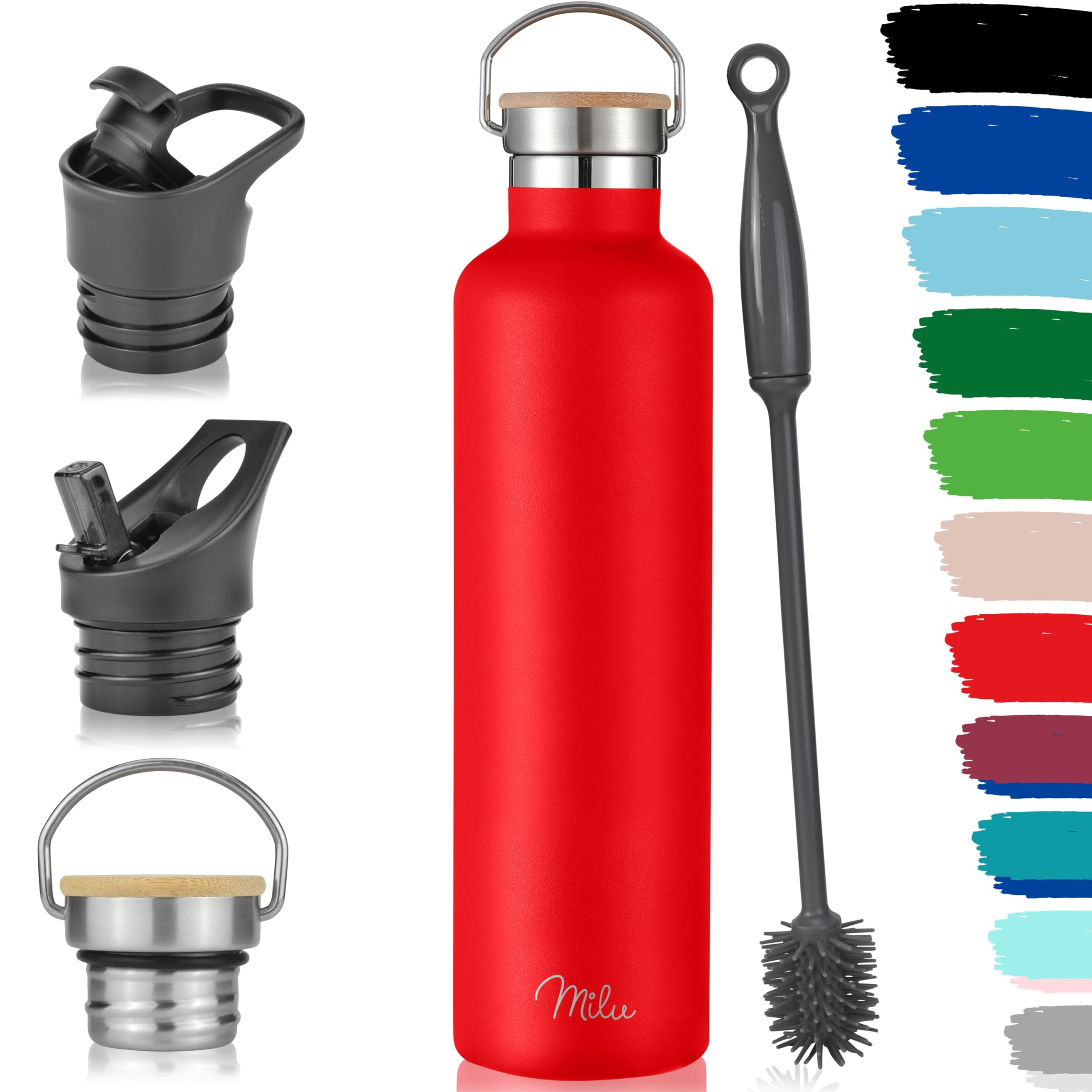 Milu Stainless Steel Drinking Bottle 350ml, 500ml, 750ml, 1l (+3 Lids) - Thermo Bottle with Straw, Water Bottle, for Hot, Cold & Carbonated Drinks (Red, 1000ml)