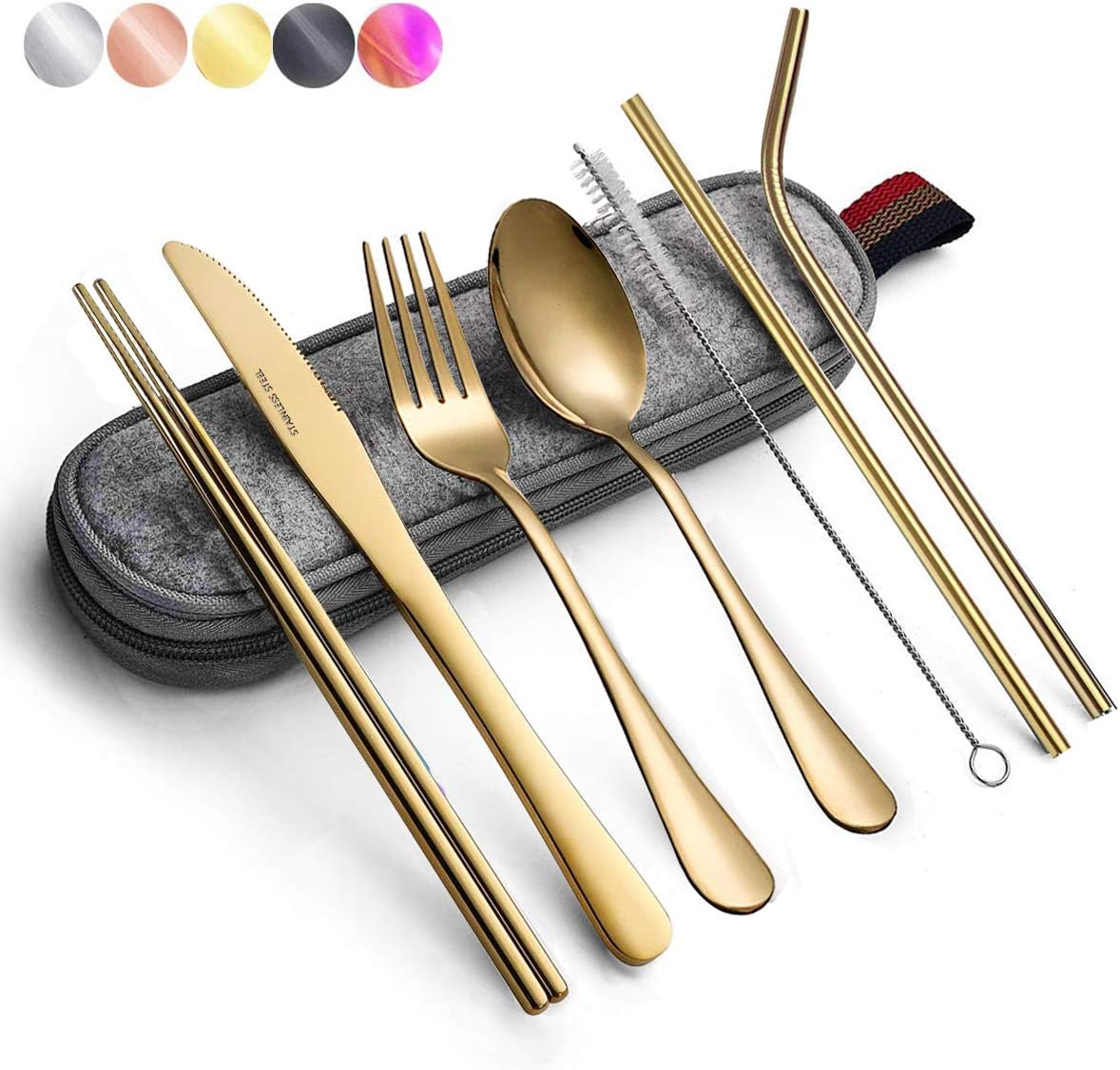 Travel flatware set with Case Stainless Steel silverware Tableware Set,Include Knife/Fork/Spoon/Straw/Straw brush(Portable Gold)