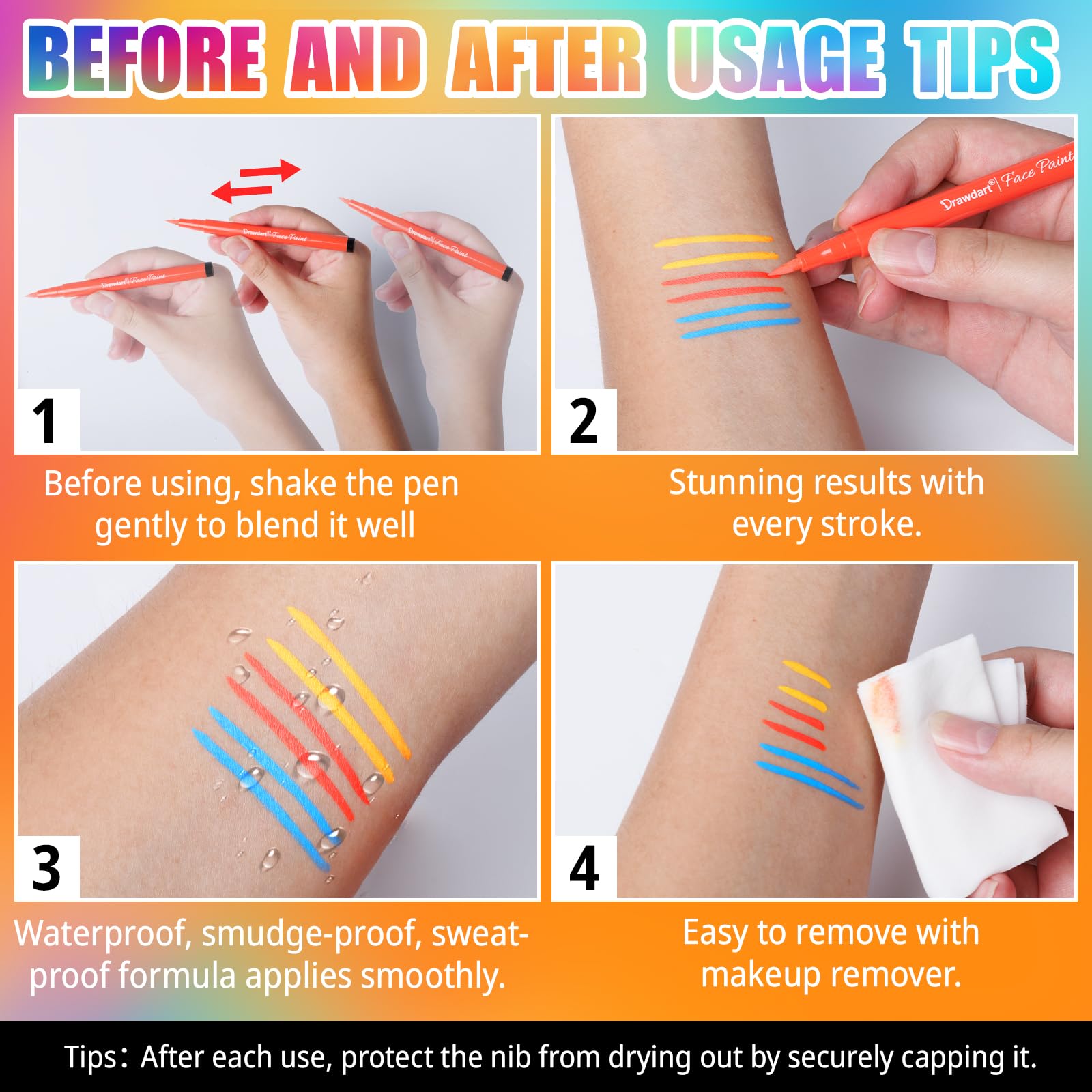 18 Colors Face Painting Markers - Water Resistant, Sweatproof, Waterproof Tattoo Pen for Halloween Body Paint - Anti-Smudge for Party, Kids, Adults