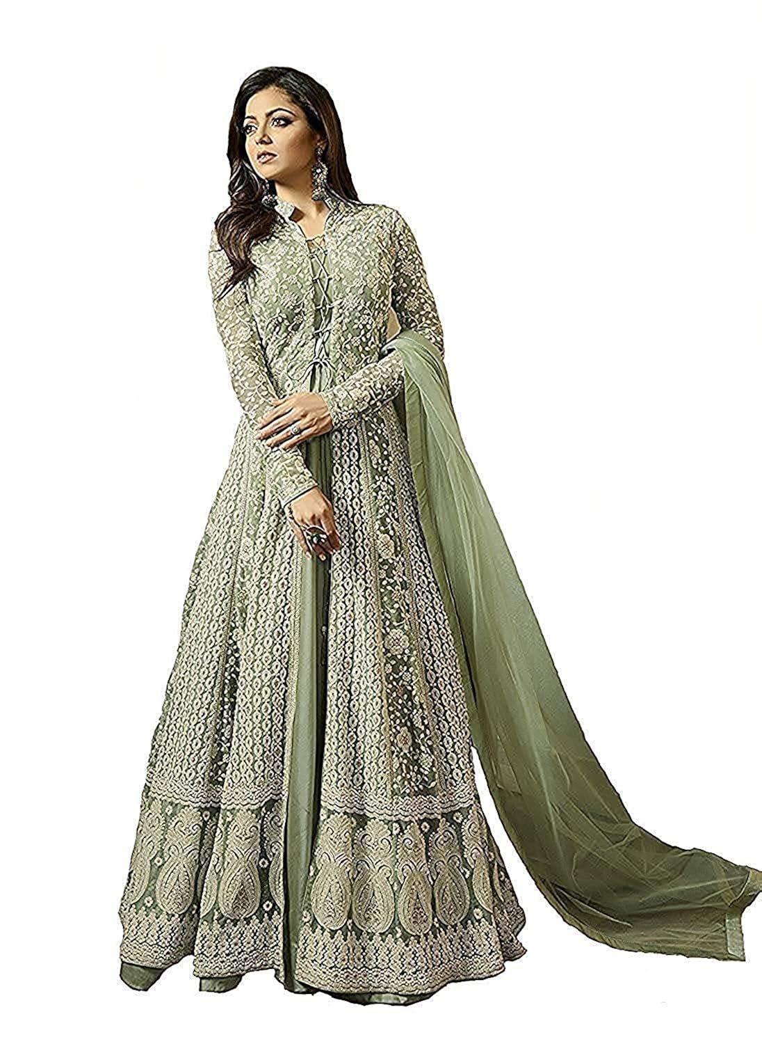 aligan's women's light green color net embroidered gown style anarkali salwar suit