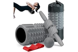 Krightlink 5-in-1 Foam Roller Set, Massage Roller Stick, Massage Ball, Resistance Band for Deep Muscle Massage, Trigger Point Release, Pilates, Yoga (Grey)