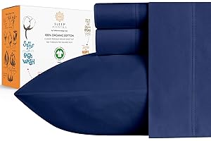 Sleep Mantra Premium 100% Organic Cotton Queen Bed Sheet Set - Soft & Cooling Percale Weave - 4 Piece Bedding Set with Deep Pocket - GOTS Certified - Breathable & Eco-Friendly (Queen, Navy Blue)