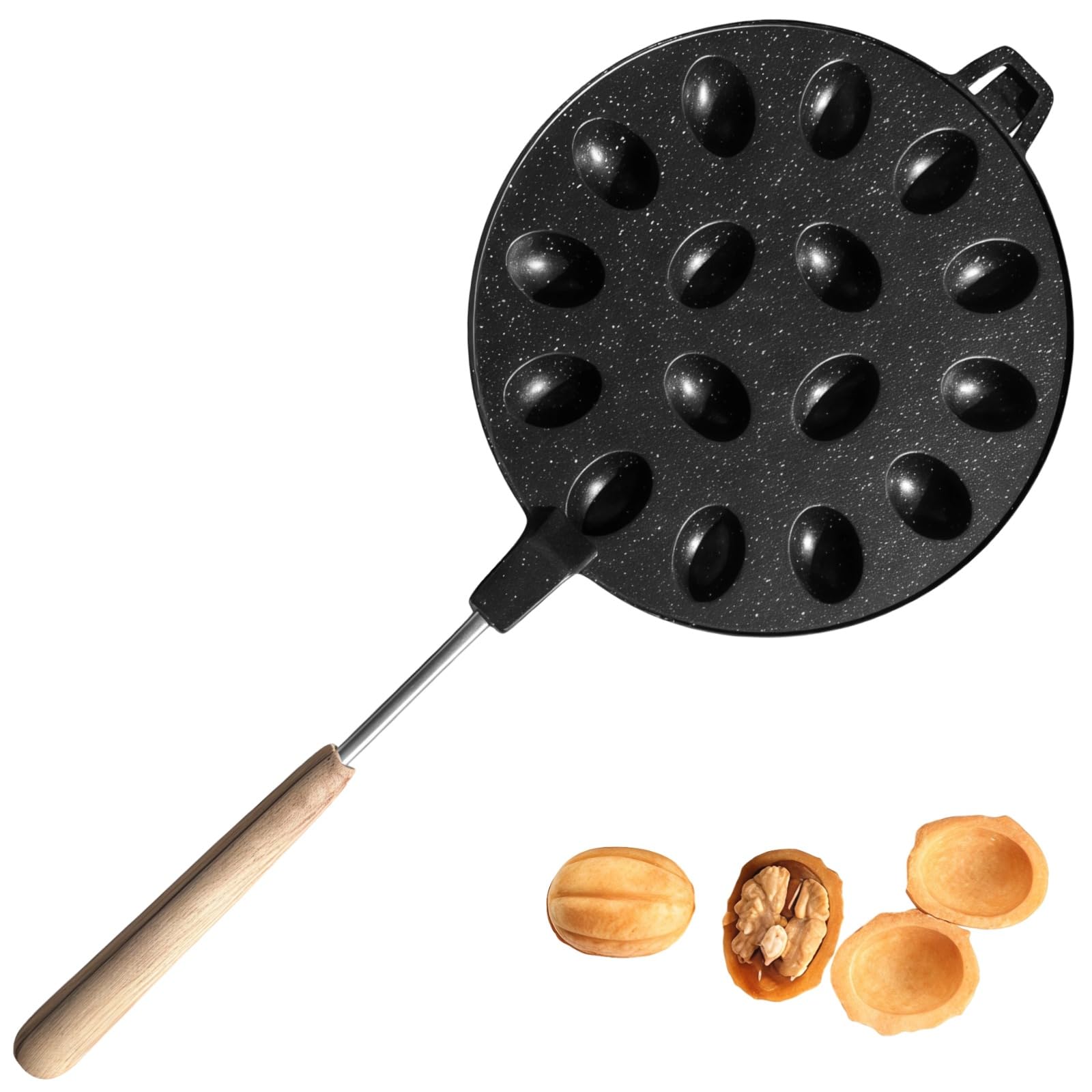 Photo 1 of 16-Cavity Nonstick Walnut Cookie Maker, Oreshi Mold with Long Wooden Handle, Russian Oreshki Baking Iron, Aluminum Alloy Dessert Pan
