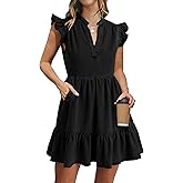 POTILI Denim Dress for Women Ruffle Short Sleeve V Neck Jean Mini Dress with Pockets