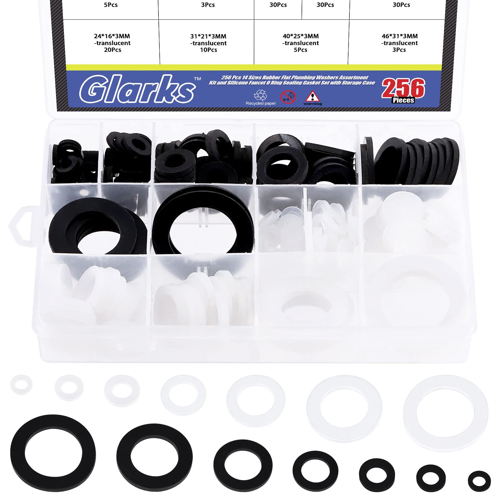 Glarks 256Pcs 7 Sizes Plumbing Rubber Washers and Silicone O Ring Flat Gasket Assortment Kit for Faucet, Brass Garden Hose, Tub Shower Head, Filter, Pipe Valve Tube