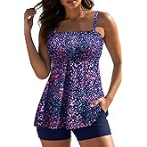 Yonique Flowy Tankini with Shorts - Tummy Control Two Piece Swimsuit with Pockets Smocked Bandeau Bathing Suit 2026 Swimwear