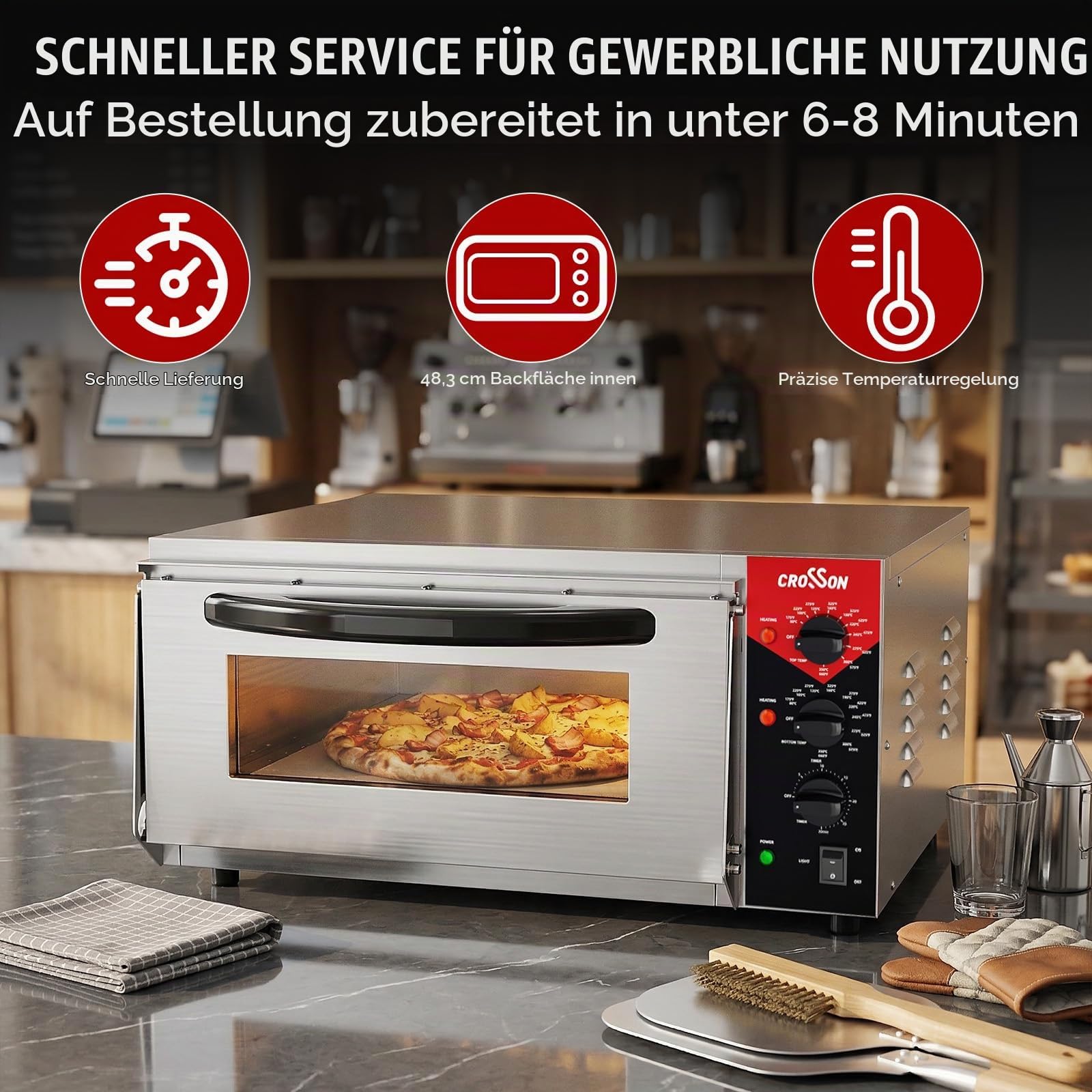 CROSSON Kommerzieller Pizzaofen Backofen mit 50 * 50CM Schamottstein,Elektrischer Pizzaofen aus Edelstahl Temperatur bis 350℃,30-Minuten-Timer,Innenbeleuchtung,3000W 4