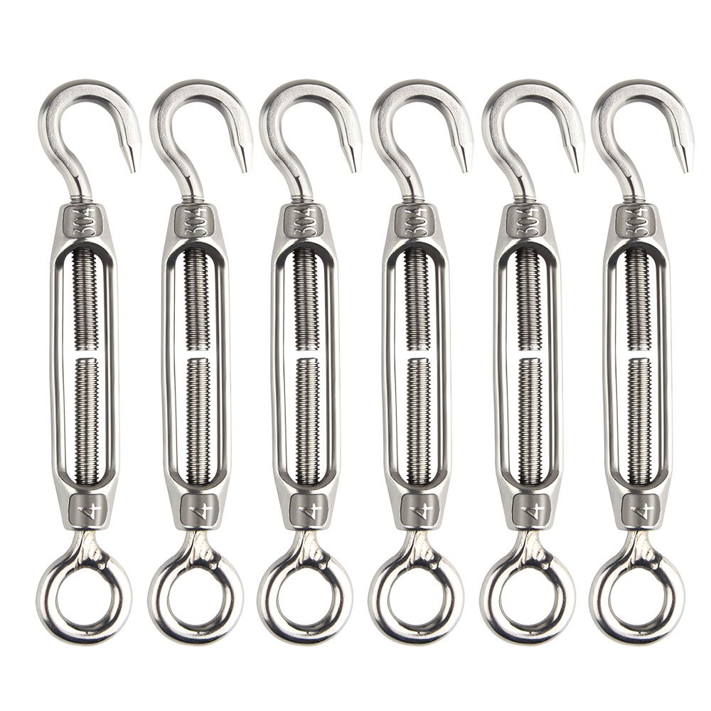 FEPITO 6 Pieces Turnbuckle Wire Tensioner M4 Stainless Steel Turnbuckle Tensioner Adjustable Turnbuckle Hook and Eye Set Heavy Duty