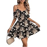 SOLY HUX Women's Boho Floral Print Cold Shoulder Dress Short Sleeve Ruffle A Line Vacation Elegant Mini Dresses