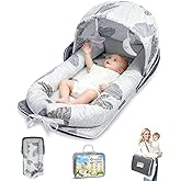 Baby Lounger, Portable Foldable Travel Lounger for Newborn 0-12 Month, Washable Lightweight Infant Nest with Canopy, Soft Breathable Baby Nest with Adorable Pattern, Home & Outdoor Use