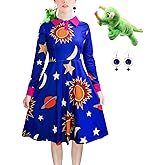 Lumeifushi Halloween Women's Planets Stars Moon Solar System Dress Cosplay Costume A-Line Dress Bring lizard and earrings