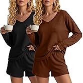 Velvelhall 2 Pack Women's Waffle Knit Pajama Sets V Neck Long Sleeve Top and Shorts Lounge Set Loungewear with Pockets