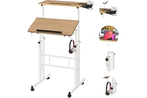 Klvied Stand Up Desk on Wheels, Portable Computer Desk for Home Office,Rolling Desk for Laptop with Removable Cup Holder, Adjustable Laptop Cart for Standing or Sitting,Khaki