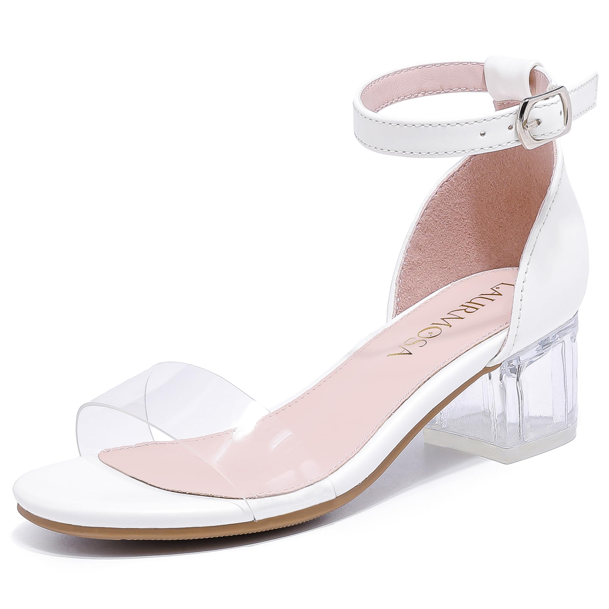 LAURMOSA Girls White Dress Shoes Tween Open Toe Clear Heels Flower Girls Formal Dress Sandals Wedding Party Fancy Shoes High Heels for Kids Sandals Size 4 Pageant Easter(L1008ClWhite 4) Image
