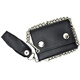 Leatherboss Genuine Leather Men Trifold Biker Chain Wallet Credit Card Holder for Motorcycle Bikers Truckers, Black