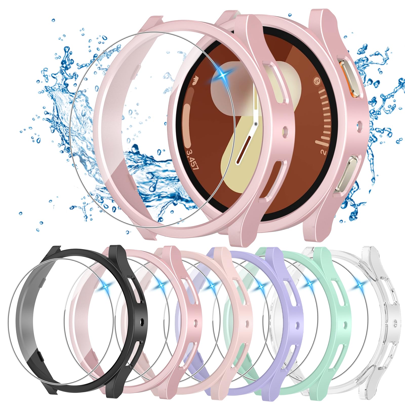 HAANILKYI [6+6 Pack for Samsung Galaxy Watch 7 Screen Protector Case 44mm, Anti-Fog Tempered Glass & Hard PC Bumper Cover Set for Galaxy Watch7 44mm Accessories, Waterproof