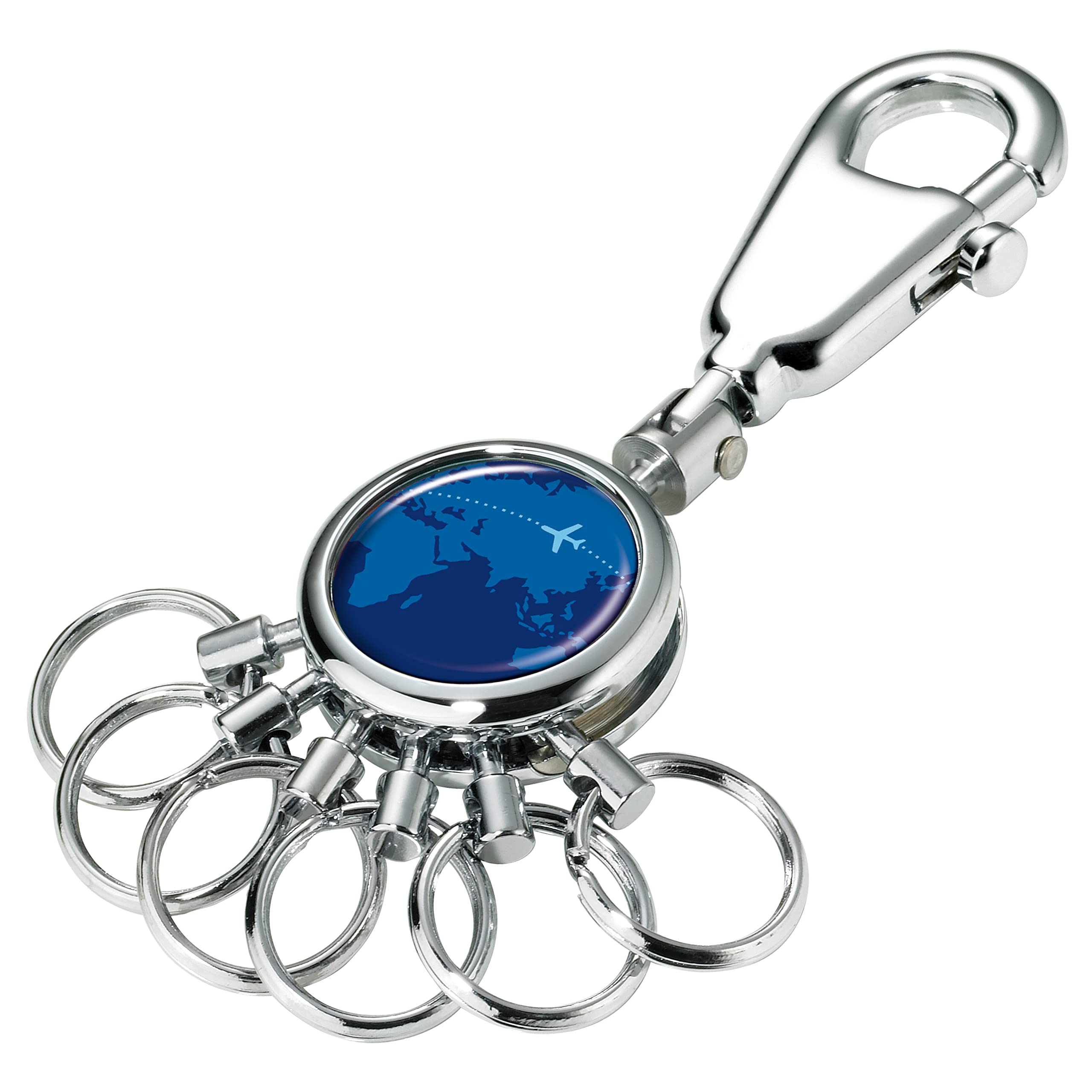 Troika keying around the world – #KYR01-A037 – keyring with carabiner hook – 6 exchangeable rings – metal– shiny – chrome plated – color: silver and blue – Troika original