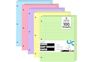 Koogel 5-Color Loose Leaf Paper, 500 Sheets Wide Ruled, 8 x 10.5 Inch, 3-Hole Punched for 3-Ring Binders, Perfect Notebook Paper Filler for Note-Taking, Ideal for School Student & Office Supplies