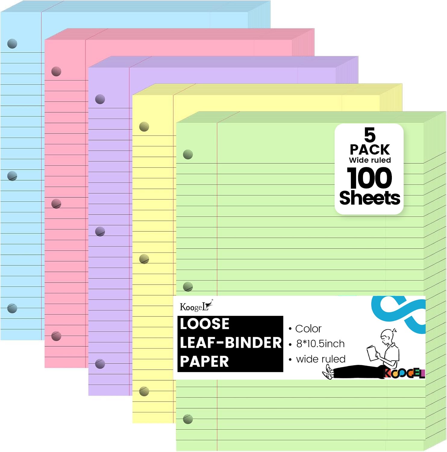 Photo 1 of Koogel 5-Color Loose Leaf Paper, 500 Sheets Wide Ruled, 8 x 10.5 Inch, 3-Hole Punched for 3-Ring Binders, Perfect Notebook Paper Filler for Note-Taking, Ideal for Back to School Student & Professional