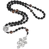 Black Rosary Beads Catholic for Men,Rugged Onyx Rosary,Pardon Crucifix Rosary with St Benedict and Milagrosa Medal,Cruz Del Perdon Catolica,Crucifijo Del Perdon,Rosarios Catolicos Para Hombre
