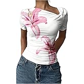 OYOANGLE Women's Floral Print T Shirts Short Sleeve Asymmetrical Neck Slim Tee Going Out Tops