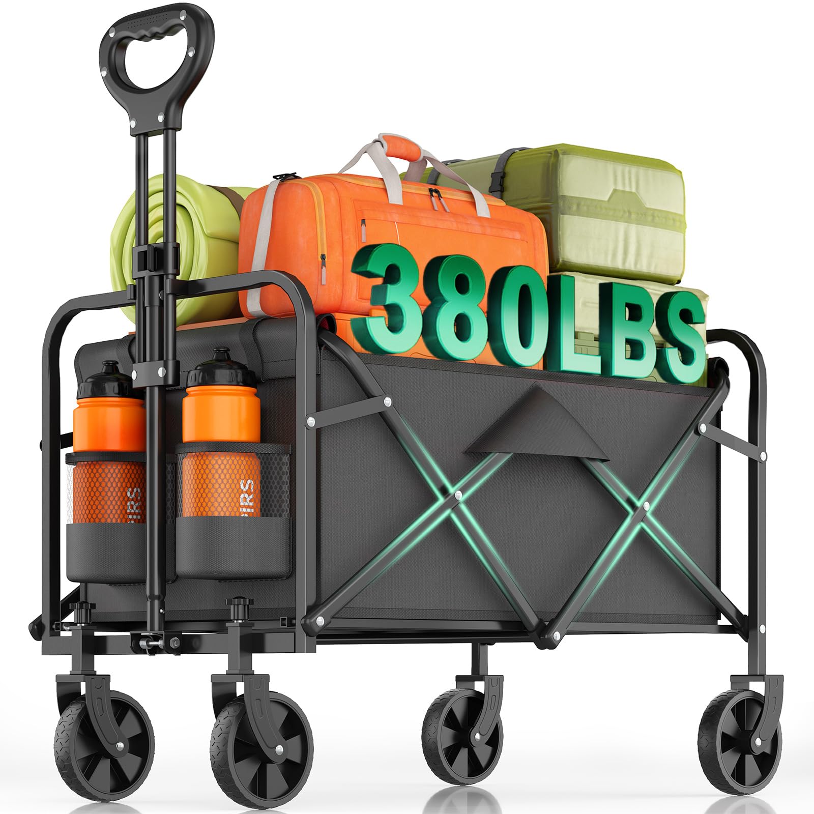 InBrave Heavy-Duty Collapsible Wagon Cart, Foldable Utility Cart with Extra Large Capacity and Drink Holders for Shopping, Camping, Grocery, Sports Image