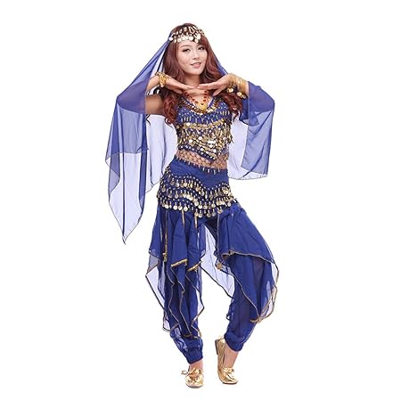 Best Dance, Bauchtanz-Kostüm-Set, 4-teilig, mit Oberteil, Hose, Hüftschal, Schleier und mit Münzen