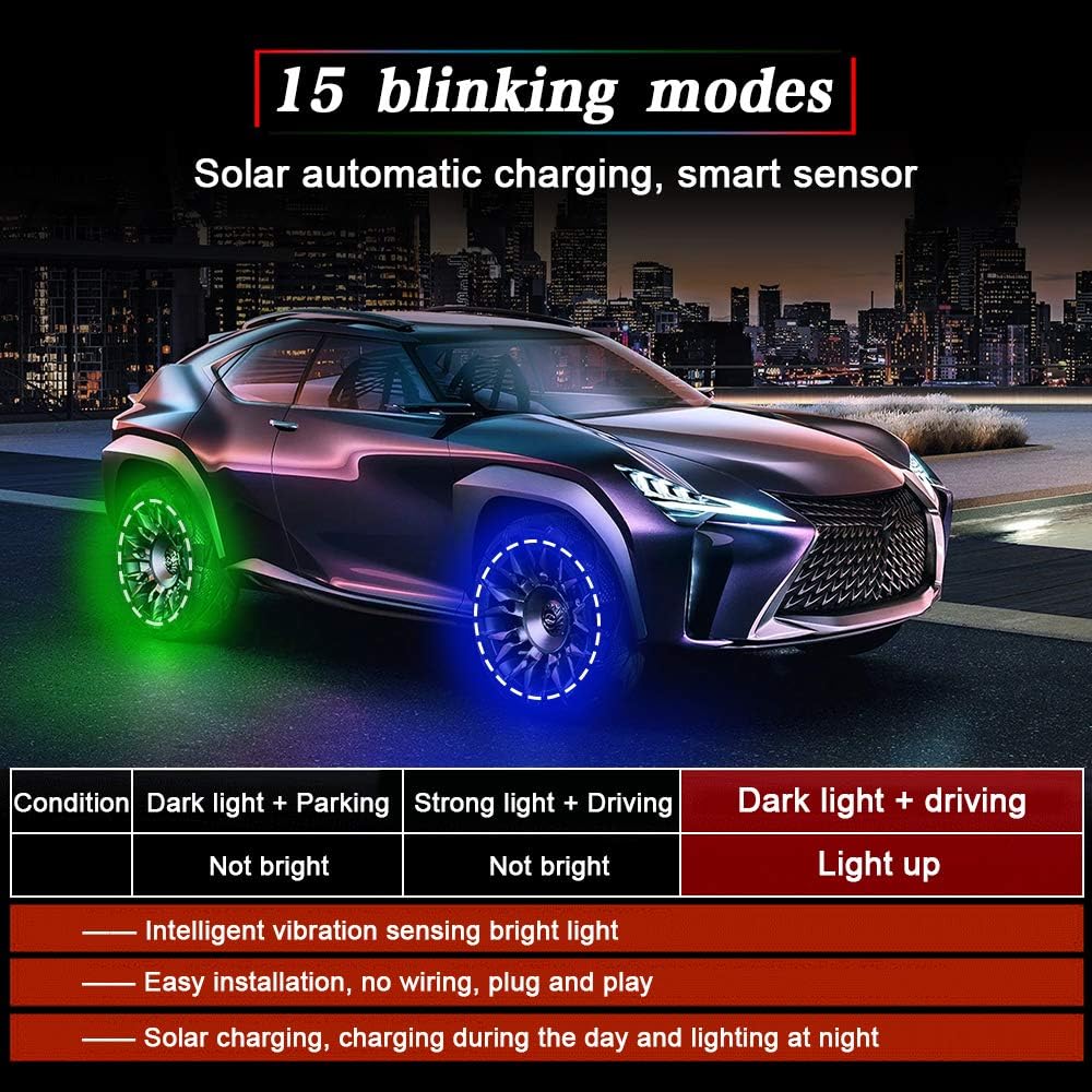 Car Tire Wheel Lights 4PCS Solar Car Wheel Tire Air Valve with Motion Sensors Flashing Hub Lamp Cap Light Colorful LED Gas Nozzle for Car Bicycle Motorcycle: Automotive