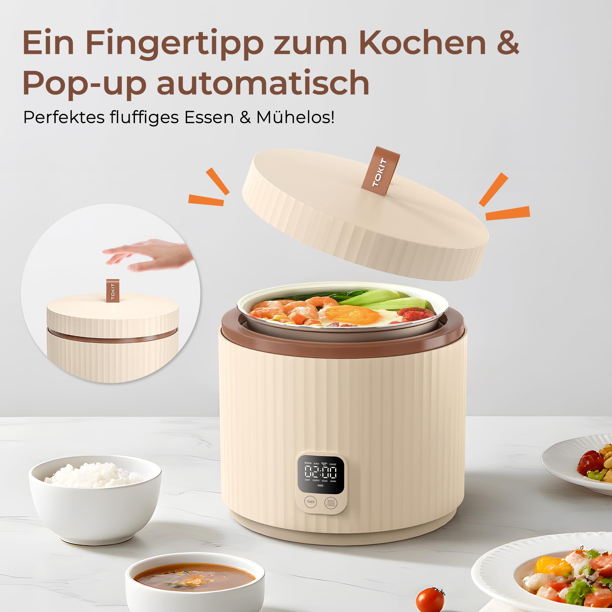 TOKIT Rice Cooker 1.5L Pro Reiskocher Klein Mini aber Multifunktionen mit Display-Touch-Taste für 1-3 Personen Keramisch beschichteter Antihaft-Innenreistopf(Weiß) 2