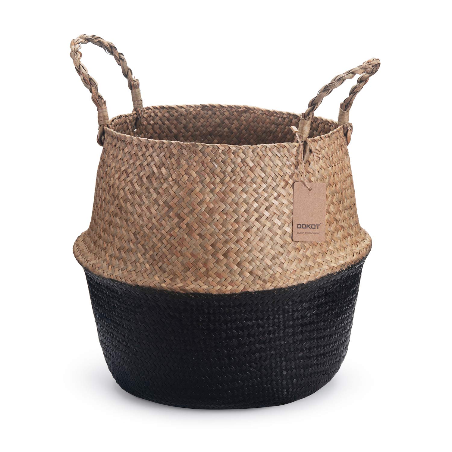 Seagrass Belly Basket Natural Woven Plant Pot Foldable with Handles for Storage Laundry Blankets Toys (Natural + Black)