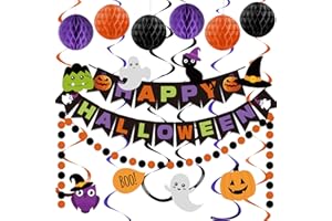 meowtastic Happy Halloween Banner Decorations - Halloween Banner with Honeycomb Ball, Halloween Hanging Swirl Streamer, Circle Dot Garland Decorations for Halloween theme Party Decorations