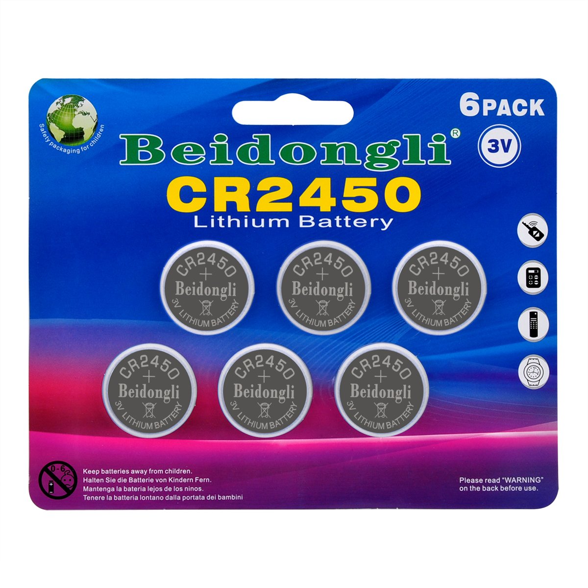 CR2450 3v lithium battery button coin cell battery for watches calculators led candles (6pack)