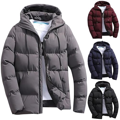 Puffer Jacket Mens with Hood Plain Down Jacket Men with Pockets Warm Winter Jackets For Men Windbreaker Thermal Mens Winter Coat Cotton Parka Coat Outerwear