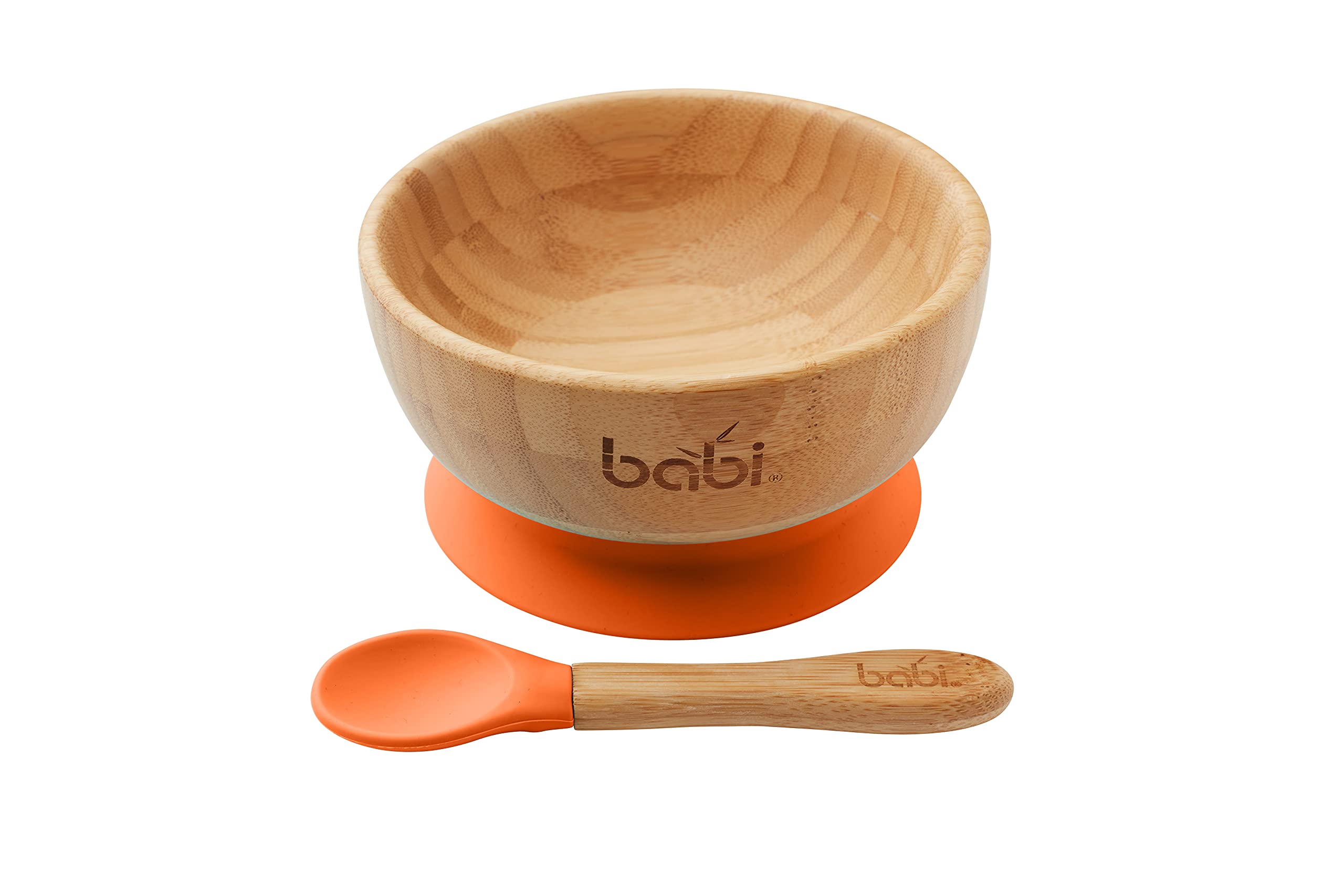 Babi® Baby Toddler Large Bowl & Matching Spoon Set, Natural Bamboo, with Stay Put Silicone Suction Ring (Orange)