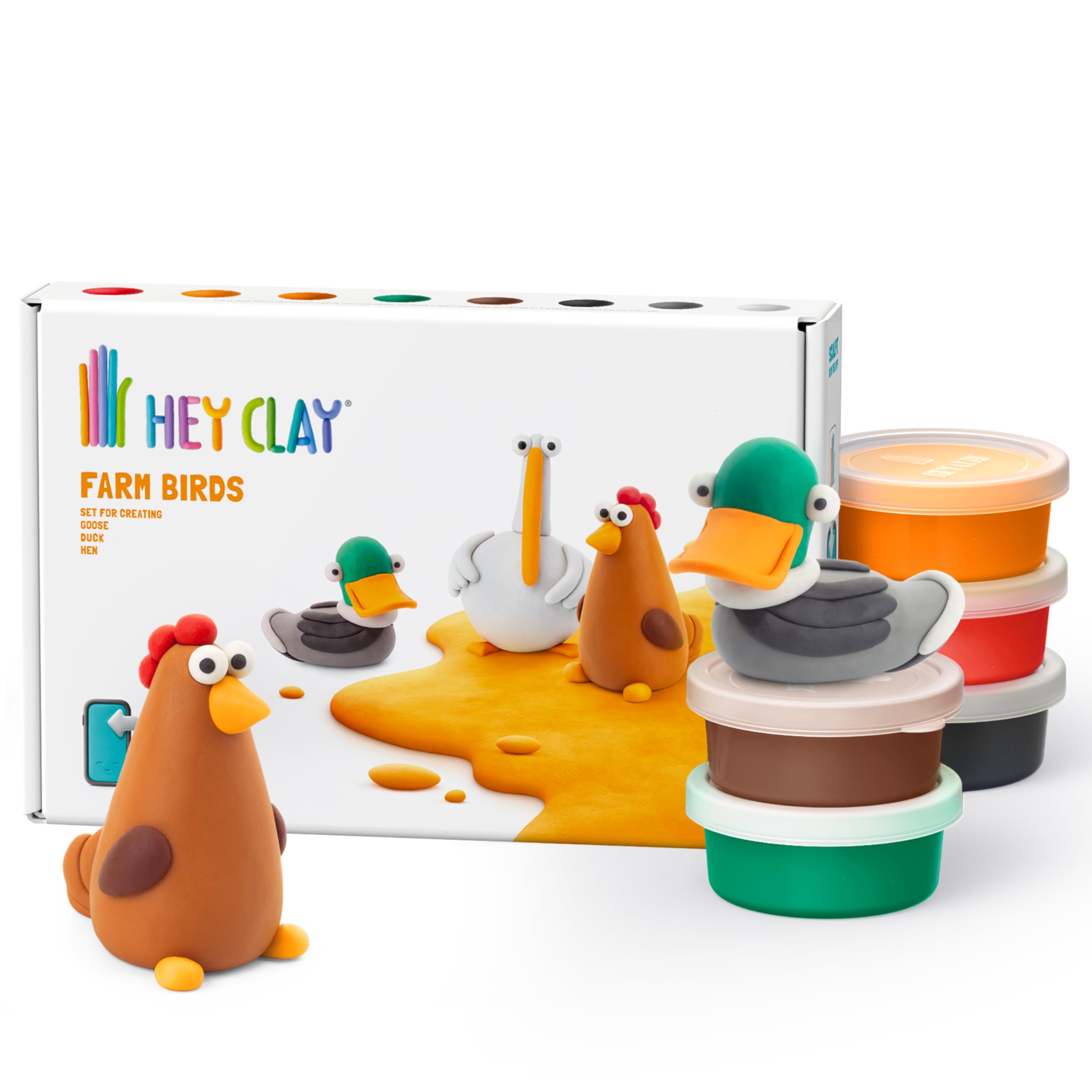 Hey Clay Farm Birds: Duck, Goose, Hen Set - Colourful Modeling Kids - Air Dry Clay Kit 6 cans with Fun Interactive Instructions App